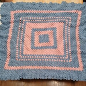 Handmade Crocheted Blue & Pink Baby Throw Blanket 43L X 40W Cottage Retro